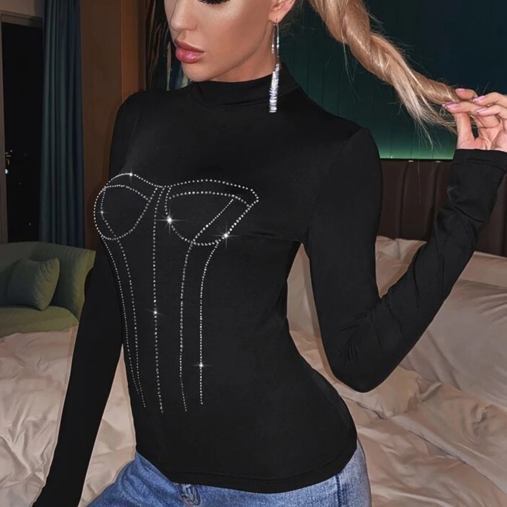 Bling corset black turtleneck top